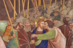 Judas betrays Jesus with a kiss, 14th-century fresco in the Collegiata of San Gimignano, Italy. | Credit: jorisvo/Shutterstock CNA 27 Mar 2024